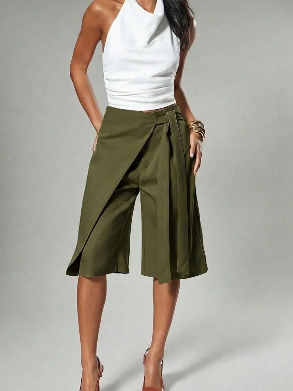 Army Green Casual Wrap Wide Leg Women's Bermuda Shorts with Tie Detail